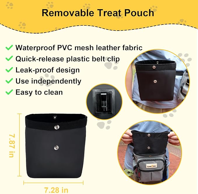 Dog Treat Pouch Open Top for Quick & Spill-Proof Access, Removable Pouch|Poop Bag Dispenser|3 Ways to Wear, Dog Treat Bag - Collapsible Bowl, Training Clicker & Poop Bag for Training & Walking. (Grey)