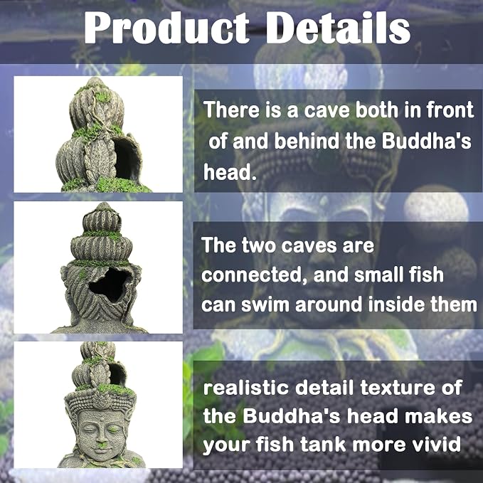 kathson Aquarium Buddha Head Statue Decor Betta Resin Hideout Cave Fish Tank Accessories Sleep Rest Conceal Breed for Fish Shrimp Reptile Amphibian (1 PCS)