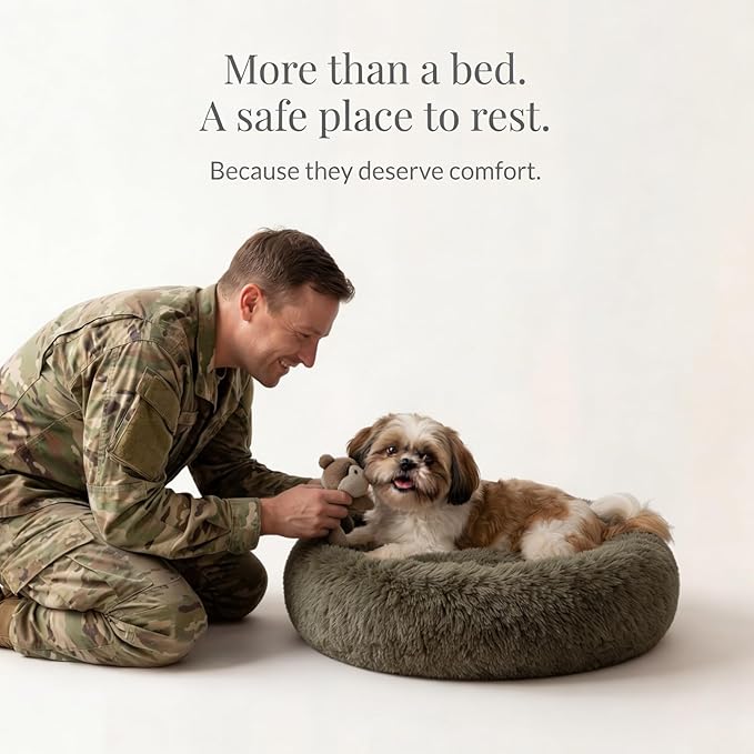 Calming Donut Dogs Beds for Small Dogs Washable,23inch Plush Round Pet Bed for Cozy Sleep,Fluffy Faux Fur Large Cat Bed,Fits up to 25 lbs Pets,Army Green