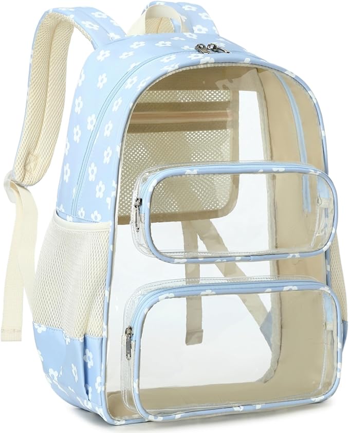 CAMTOP Clear Backpack Heavy Duty Transparent Bag See Through BookBag for Student School Work Festival Sport Travel (Blue Flower)