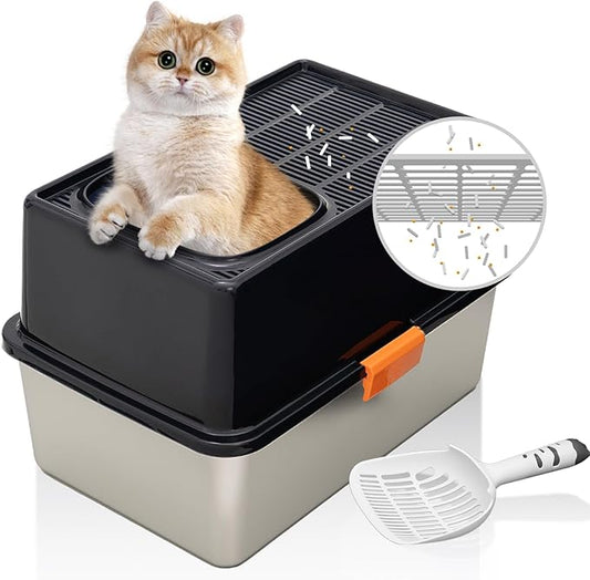MEEXPAWS Stainless Steel Cat Litter Box Top Entry XL Large with Lid, 8'' High Side Metal Cat Litter Box for Big Cats, Top Cover with Slot, Non-Stick, Easy Clean, Include Litter Scoop