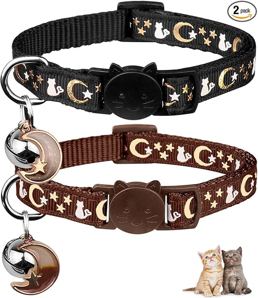 2PCS Breakaway Cat Collars with Bell Cute Kitty Glow in The Dark Adjustable Kitten Collars 7.9-13.0 Inch(Brown&Black)