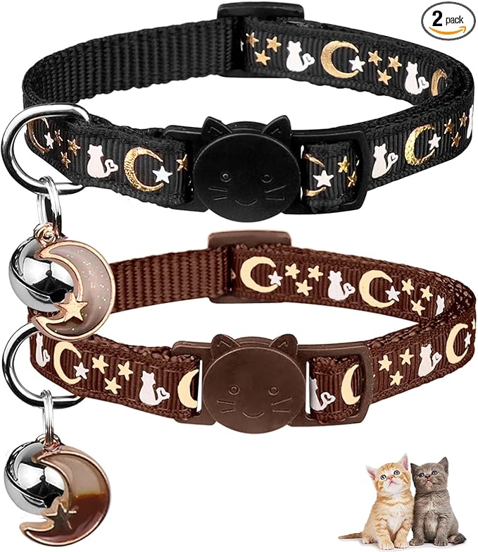 2PCS Breakaway Cat Collars with Bell Cute Kitty Glow in The Dark Adjustable Kitten Collars 6.9-10.7 Inch(Brown&Black)