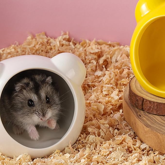 VanEnjoy 2 Pack Ceramic Hamster Hideout Yellow and White Small Animal Hides for Gerbils Mice Cute Summer Cooling Houses for Cage Accessories