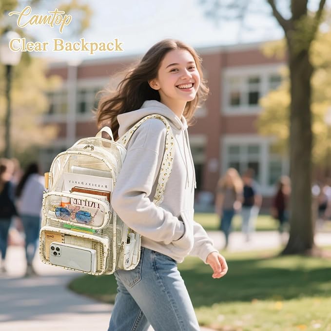 CAMTOP Clear Backpack Heavy Duty Transparent Bag See Through BookBag for Student School Work Festival Sport Travel (Beige Flower)