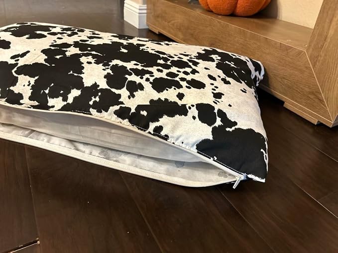 Natural Cotton Canvas Dog Bed – Raw Cotton Filled Pet Cushion Insert, Breathable Eco-Friendly Dog Mattress, Durable Washable Cover with Zipper (Cow Print Black White, Large 48"x30"x5")