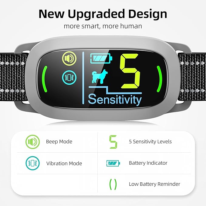 FAFAFROG Dog Bark Collar, Rechargeable Smart Collar, Anti Barking Training Collar with 5 Adjustable Sensitivity Beep Vibration, Bark Collar for Large Medium Small Dogs (Grey)