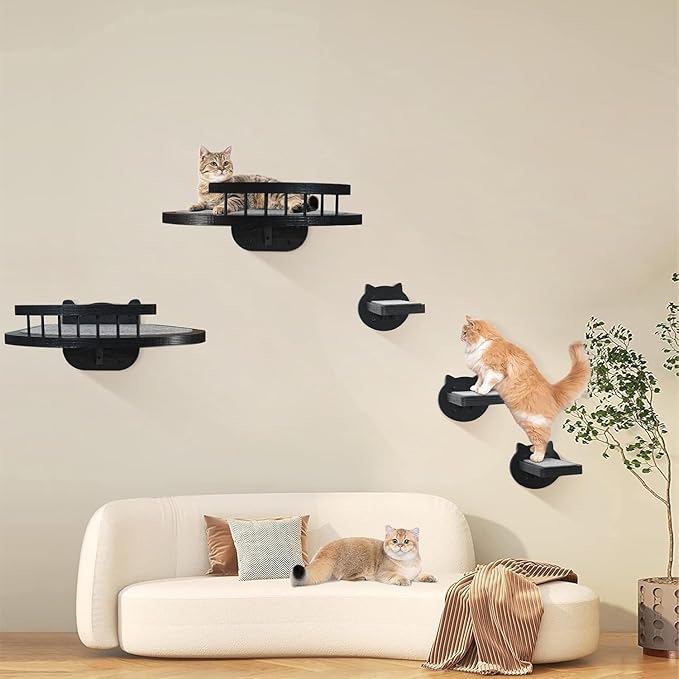 Cat Wall Shelves Furniture Set with Scratching Pad，Wooden Cat Climbing Wall Systems with 2 Perches and 3 Steps, Floating Shelves Bed Wall Mounted for Indoor Fit Up to 15Lbs (Black)