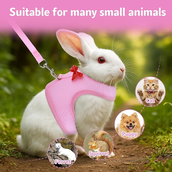 Bunny Harness and Leash Set, Soft Breathable Mesh Rabbit Leash Vest with Safety Buckles, Lightweight Escape-Proof Walking Gear for Rabbits, Kittens, Ferrets, Guinea Pigs, Pink M
