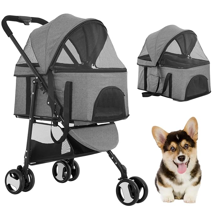 BestPet 3-Wheels Pet Stroller - Dog & Cat Premium 3-in-1 Multifunction Detachable Carrier Lightweight Folding Travel Stroller, Grey