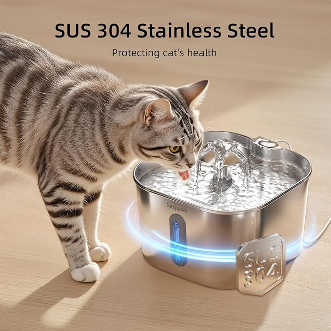 SARPAWS Cat Water Fountain Stainless Steel：74oz/2.2L Water Fountains for Cats Indoor, Cat Fountains for Drinking, Ultra-Quiet, Water Level Window, Pet Water Fountain - 2 Filters + 2 Sponges