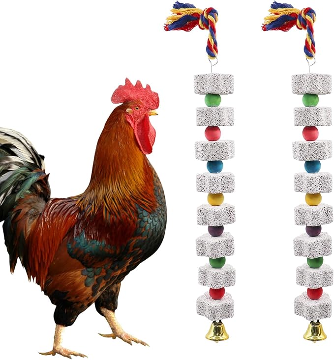 2 Pack Mineral Block Chew Toys for Chicken, Chicken Toys with Colorful Beads and a Bell, Chicken Coop Accessories, Beak Grinding Stone for Chicken, Hens, Geese, Ducks, Turkeys, Poultry