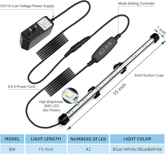 LED Submersible Aquarium Light 8W Underwater Fish Tank Light with Blue White&Blue and White Three Light Modes Timer Automatic On/Off and Dimmer Brightness Adjustable (15inch)