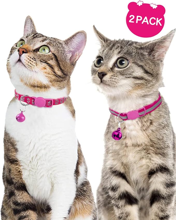 Taglory Reflective Cat Collar Breakaway with Bell, High Visibility Night Strip, Lightweight Adjustable Nylon Collar for Boy Girl Cats, 2 Pack, 7.5-12.5 Inch, Hotpink