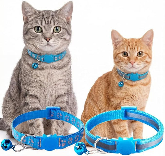 Sky Blue Reflective Cat Collar with Bells, [2 Pack] Break Away Kitten Collar with Bells, Breakaway Cat Collar for Boy Cats Kitty