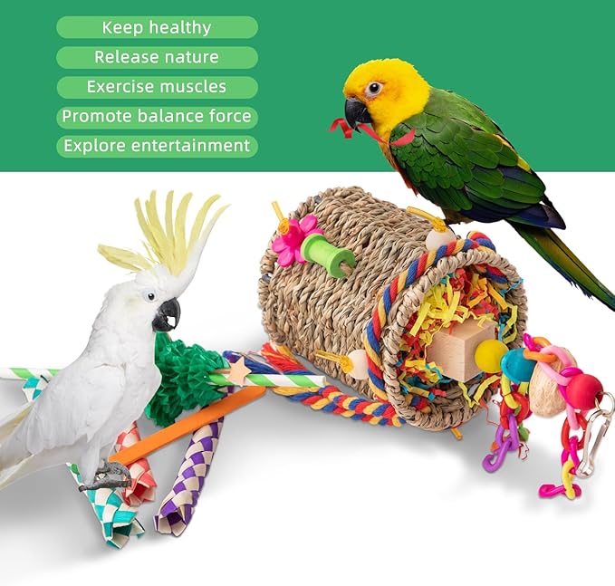 RLRICH 3 Pack Bird Toys Parrot Foraging Toys, Seagrass Basket Bird Chewing Toys with Colorful Tearing Paper Bamboo Fingers Natural Nut Wooden Blocks for Small Medium Parrot Bird
