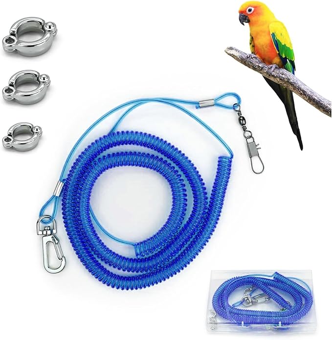 Parrot Flying Leash, 16.4 ft Training Rope with 3 Size Bird Foot Ring, Anti-Bite Elastic String for Cockatiels, Birds, Pigeon (Blue)