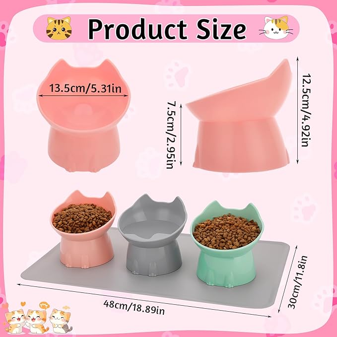 3 Pcs Elevated Cat Bowls 15°Raised Cat Food Bowl with Silicone Mat Whisker Friendly Anti Vomiting Cats Dishes Pet Food and Water Bowls for Indoor Cats Kittens, Pink, Green, Gray
