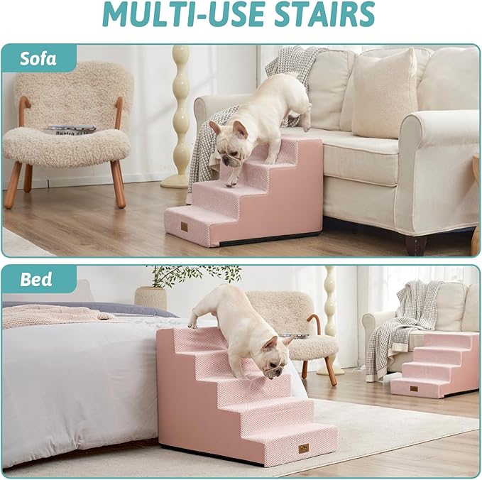 COZY KISS Dog Stairs for Small Dogs 5-Step, 19.7" Extra Wide Right-Angle Pet Stairs for Couch and Beds, Anti-Slip Dog Steps for Old Cats and Lowrider, 19.7x29.5x23.6 inch, Pink