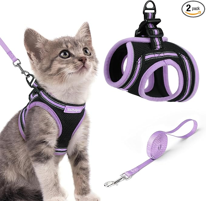 rabbitgoo Cat Harness and Leash Set for Walking Escape Proof, Adjustable Soft Kittens Vest with Reflective Strip for Cats, Comfortable Outdoor Vest, Black & Light Purple, S