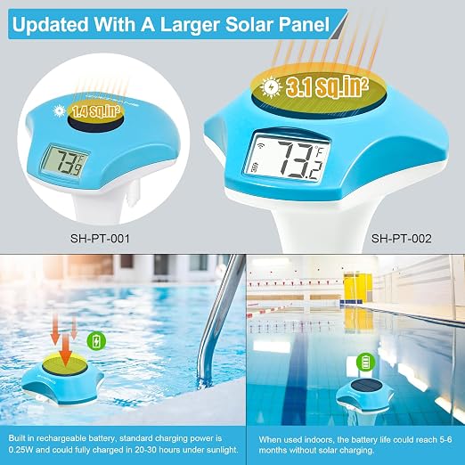 Circrane Solar Wireless Pool Thermometer, Easy Read Digital Floating Thermometer, IPX8 Water Proof, Solar Powered with 150 Days Battery Life for Hot Tub/Ice Bath/Swimming Pool/Aquarium, Blue