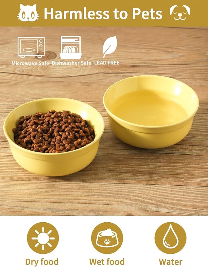5.3 Inch Yellow Ceramic Small Dog Bowl Sets - Porcelain Wide Mouth Cat Food or Water Bowls, Cute Feeding Bowls for Indoor Small Size Dog, for Wet or Dry Food