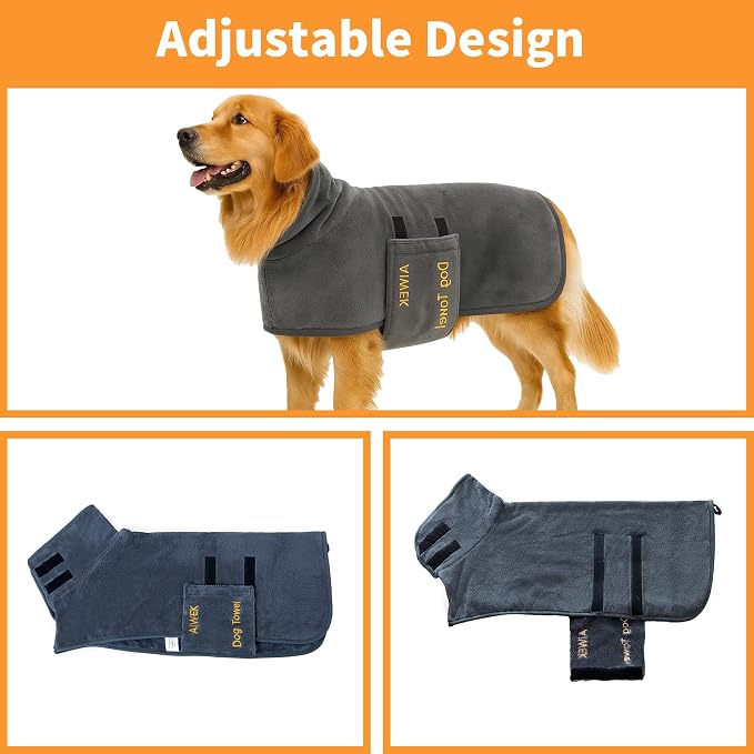 Dog Towel Dog Bathrobe, Microfiber Super Absorbent Pet, Quick Drying Robe for After Bath, Adjustable Collar & Belly Strap Pet Cat Bath Robe Towel Grey-XL