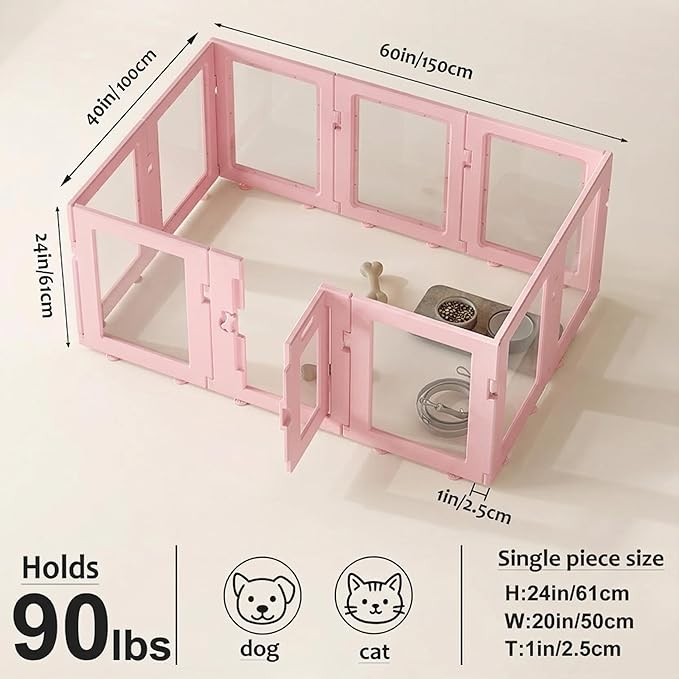 Clear Acrylic Dog Playpen Indoor, Puppy Cat Small Pet Play Pen, Easy Assemble & Disassemble Sturdy Plastic Dog Fence with Heavy Duty Door Lock (24In H, 10PCS), Pink