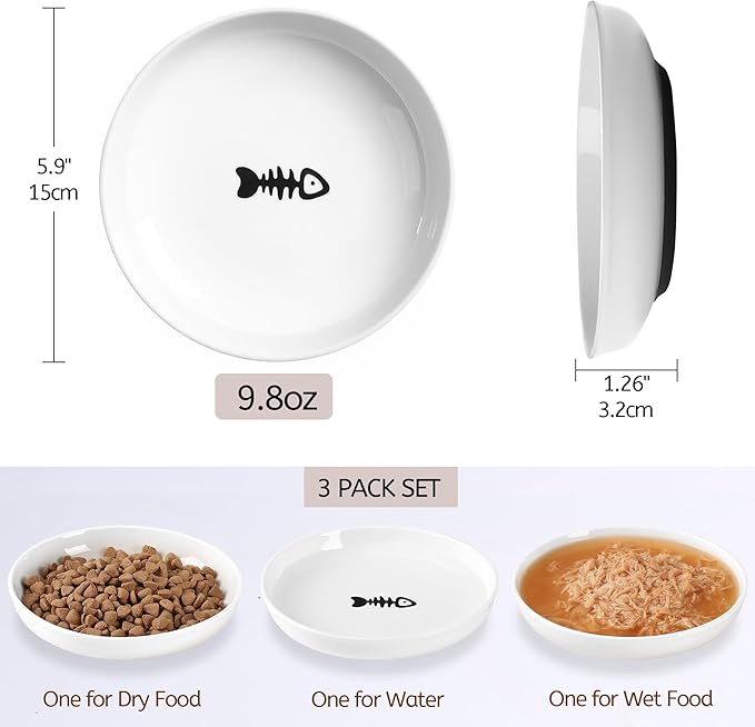 WROSWT No Spill Cat Bowls,Cat Food Bowl,Anti Whisker Fatigue Healthy Ceramic Cats Dishes Set for Indoor Cats,Shallow Wide Kitten Plates for Food and Water,Non-Slip Silicone Bottom,6 Pack