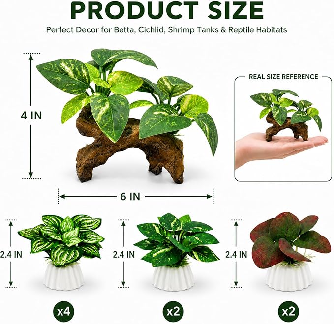 9-Pack Silk Aquarium Plants & Driftwood Cave Fish Tank Decor Accessories | Soft Silk Plants Aquarium Decorations, Fish-Friendly, Small Fish Tank Decorations for Betta, Shrimp, Cichlid Tank & Reptiles