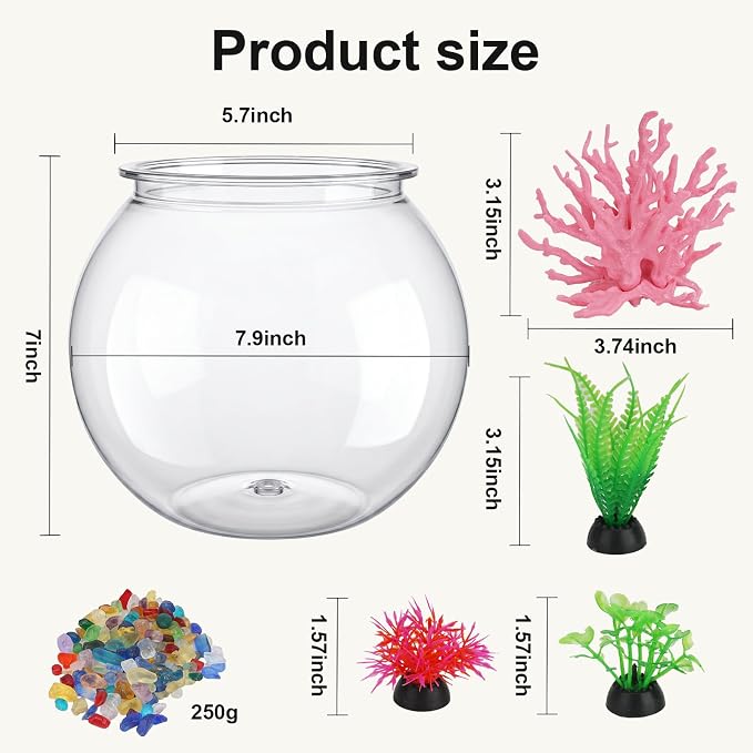 1 Gallon Clear Plastic Fish Bowl Set, Shatterproof Round Aquarium with Colorful Pebbles, 3 Artificial Plants and PVC Coral, Small Betta Fish Tank for Desk, Shelf, Home Decoration