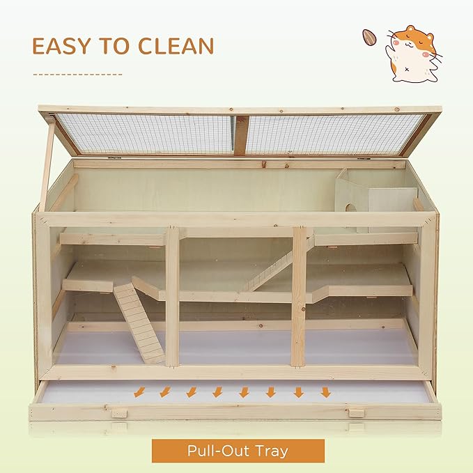 PawHut 45" Extra Large Wooden Hamster Cage, 3-Layer Rat Cage with Opening Roof, PVC Window, Small Animal Habitat for Gerbil, Dwarf & Syrian Hamsters, Natural