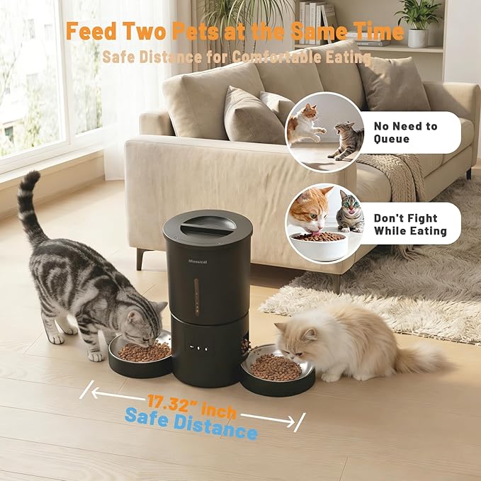 Miaosical Automatic Cat Feeder 2 Cats,2.4G WiFi Timed Auto Cat Food Dispenser with Dual Bowls,4.2L Smart App Control,Equal Portion Feeding for Multiple Cats (Black, 4.2L WiFi Dual Bowl)