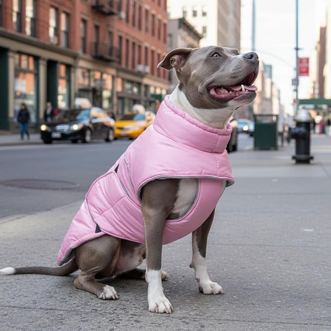 ASENKU Extra Warm Dog Coat with Fleece, Reflective Puffer Jacket, Adjustable with Zippered Leash Hole for Large Dogs, Winter Clothes (Pink, 2XL)