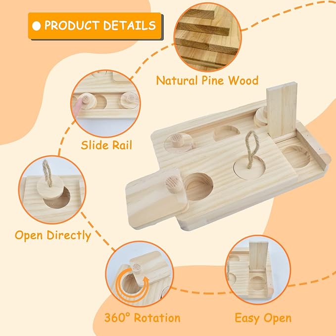 Wooden Rat Foraging Toy 7"x 5.1" Boredom Breaker Rabbit Enrichment Toys Interactive Treat Dispenser for Guinea Pig,Rabbit,Bunny,Hamster,Hedgehog, Chinchilla, Mouse,Rats,Sugar Gilders