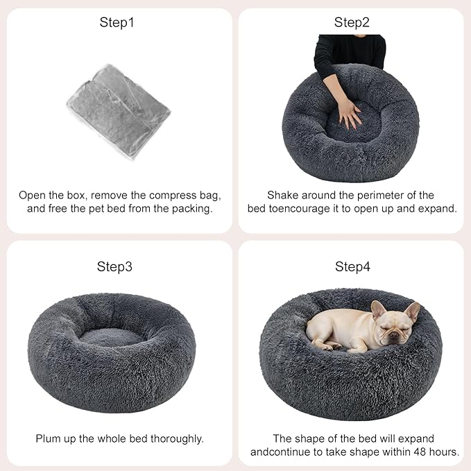Dog Calming Beds for Small Medium Large Dogs - Round Donut Washable Puppy Dog Bed, Anti-Slip Faux Fur Fluffy Donut Cuddle Anxiety Cat Pet Bed(32" Dark Grey)