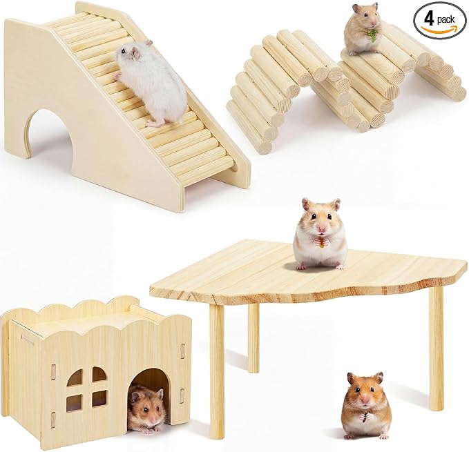 BreezeHug 4 Pcs Hamster Platform Hideout Wooden Tunnel Ladder Playhouse Hamster Game Climbing Toy with Platform Cage Accessories for Pets Dwarf Syrian Mice Degus Gerbils Squirrel(Wave)