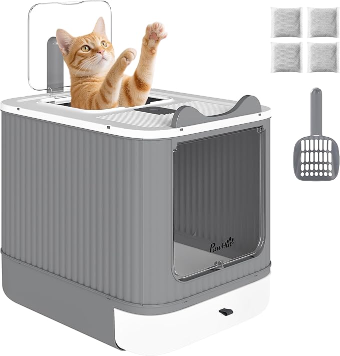 PawHut Cat Litter Box with Lid, Enclosed Litter Box for Medium Cats, Front-Entry and Top-Exit, Scoop, Deodorizer Bag, Easy Clean & Non-Sticky, Anti-Leakage, White