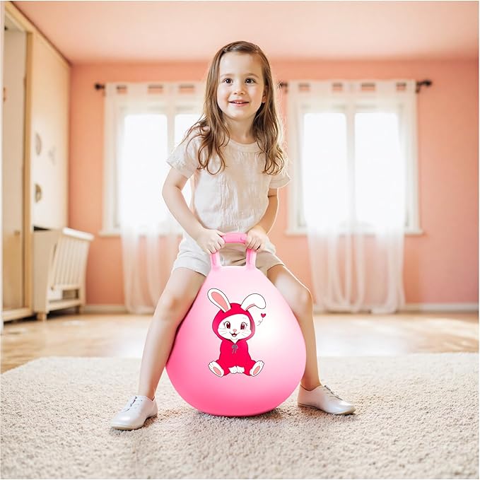 Hopper Ball, Pink Bunny Hopping Toys for Kids, 18 Inch Bouncy Ball with Handle, Indoor Outdoor Inflatable Hoppity Hop Toys for Girls Boys Gift with Pump