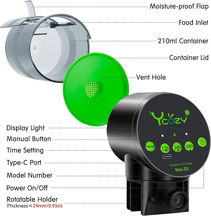 Ycozy Automatic Fish Feeder Rechargeable with USB Cable Moisture-Proof Intelligent Electric Fish/Turtle Feeder for Aquarium & Fish Tank (Plug Powered-EV)