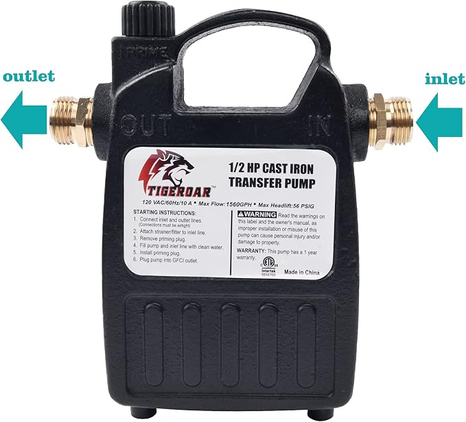 TIGEROAR 120V Water Transfer Pump 1560 GPH Cast Iron 1/2 HP Electric Pump | Portable Pump with 6 ft. Power Cord for Pool Pump with Multipurpose Heavy Duty Water Transferring Irrigation Car Washing