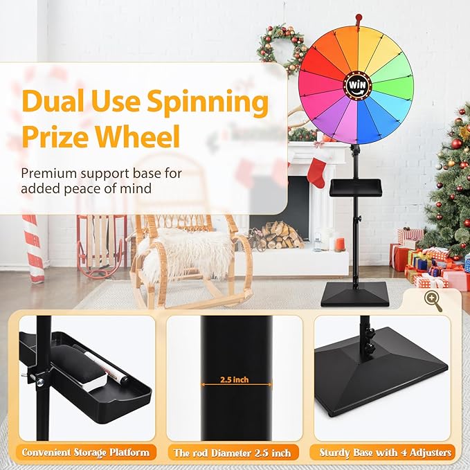 AugFir 24-inch Prize Wheel, Adjustable 32"-61" Height Desktop & Floor Stand Spinning Prize Wheel, Storable Prize Wheel Spinner, Suitable for Party, Carnivals and Tradeshow