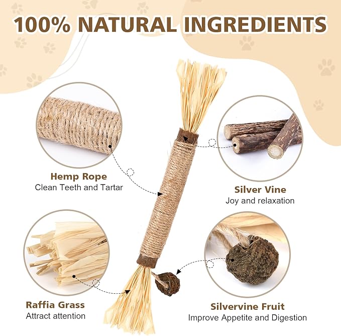TEAWOO 3 Pcs Natural Silvervine Sticks Cat Toys, Catnip & Matatabi Blend Dental Chew Toys, Teeth Cleaning Kitty Toys for Indoor Cats & Kittens, Edible Chew Sticks for Aggressive Chewers