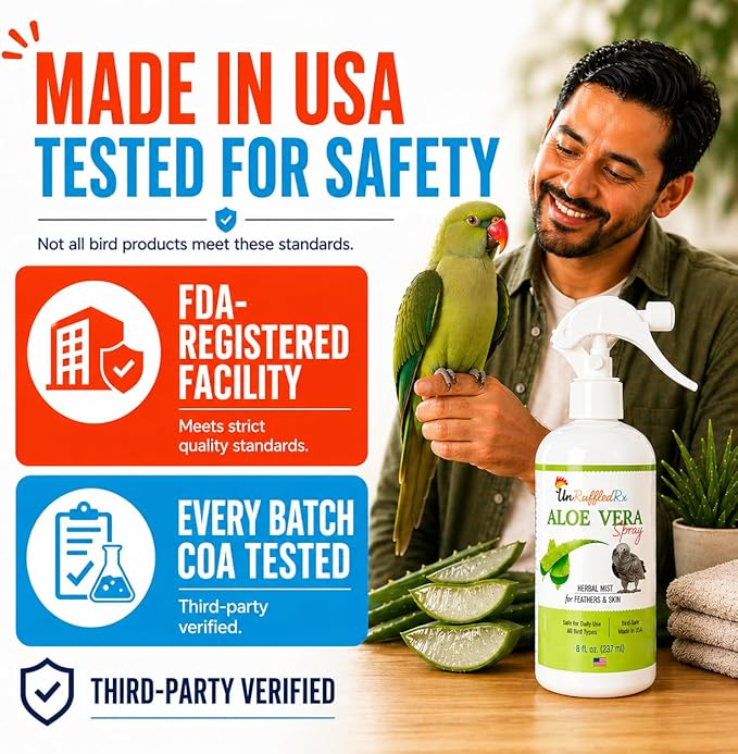 Aloe Vera Bird Spray for All Birds – Soothes Itchy Skin & Feather Plucking – 8oz Odor-Free Mist, Safe if Ingested, Daily Use Bird Mist, Softens Feathers, Natural Formula – Made in USA by UnRuffledRx™