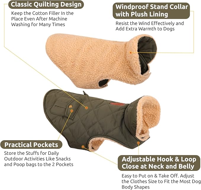 Queenmore Warm Dog Coat, Cold Weather Puffer Dog Jacket with Ultra Thick Plush Lining, Storage Pockets (Green, Small)