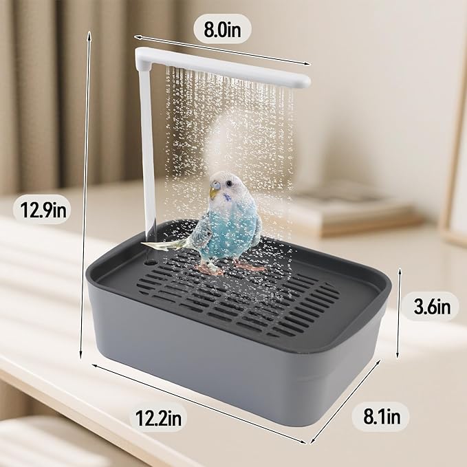 PINVNBY Automatic Bird Bath Shower for Cage,Parrot Bath Box with Pump,Parakeet Bathtub Electric Fountain Circulating Water Contains USB Power Plug for Cockatiel Lovebird Conure Budgie(Gray)