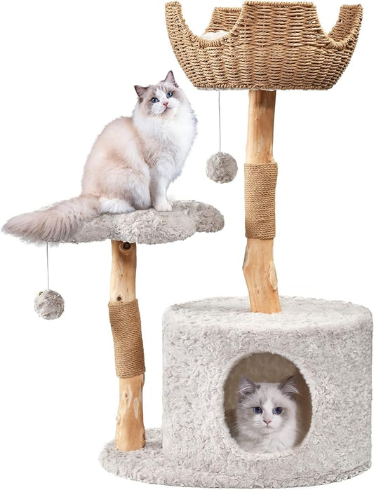 Easyego Modern Cat Tree, 39.9" Aesthetic Wood Cat Tree Tower for Large Cats, Luxury Cat Condo with Scratching Posts and Flower Platforms, Cat Furniture, Bullet Gray