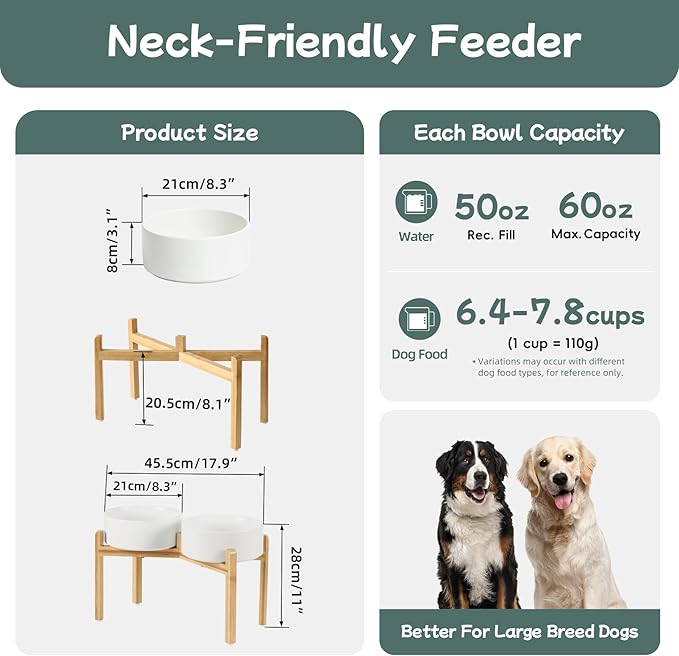 Havniva Ceramic Raised Double Bowls Set with Stand, Food & Water Bowls for Large Breed Dogs, Weighted Dog Dishes, Pet Bowl(8.2'',60OZ, White)