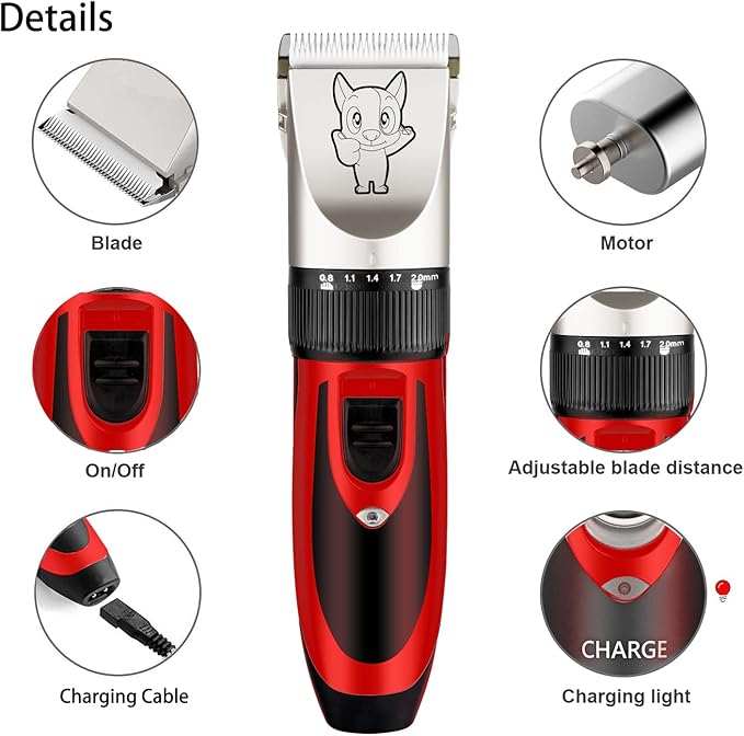 Highdas Dog Clippers for Grooming Rechargeable, Electric Dog Grooming Kit Clippers Low Noise, Cordless Quiet Dog Shaver, Pet Hair Trimmer Set for Dogs, Cats, Pets (Red)