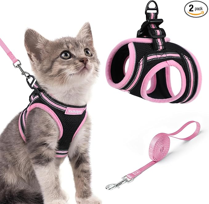 rabbitgoo Cat Harness and Leash Set for Walking Escape Proof, Adjustable Soft Kittens Vest with Reflective Strip for Cats, Comfortable Outdoor Vest, Black & Pink, S
